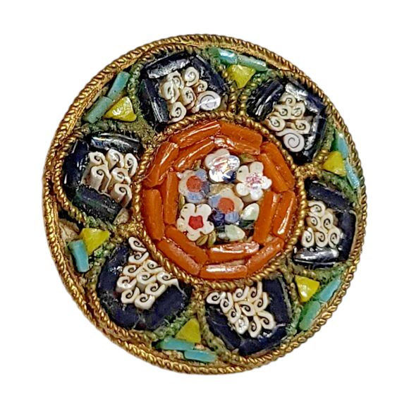 Vintage Antique Micro Mosaic Glass Italy Flower Floral Pin Brooch Roped 1" - Picture 3 of 5